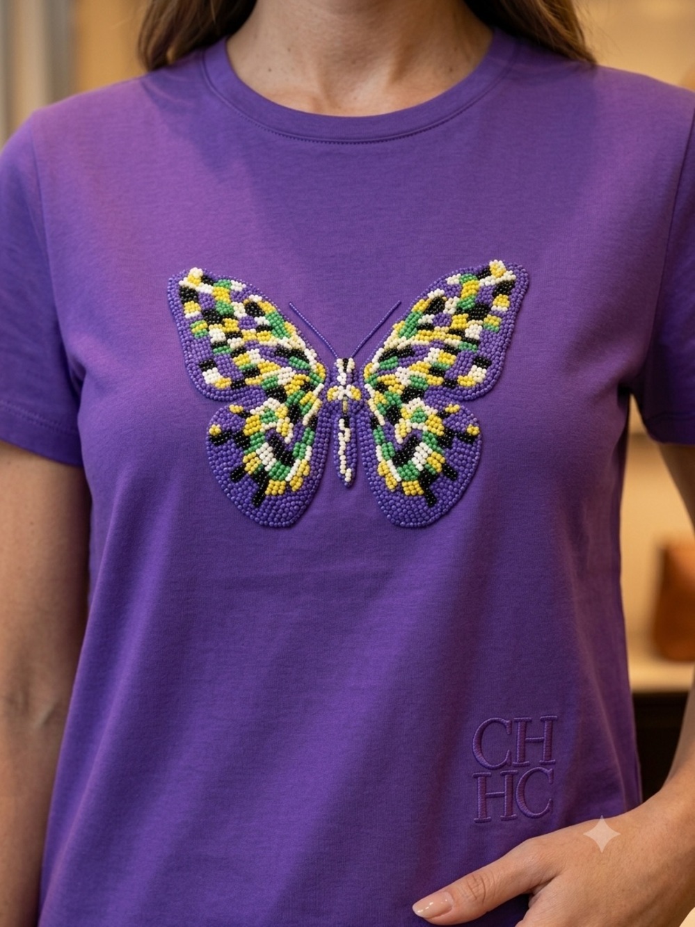 Carolina Herrera Purple Tee with Embellished Butterfly